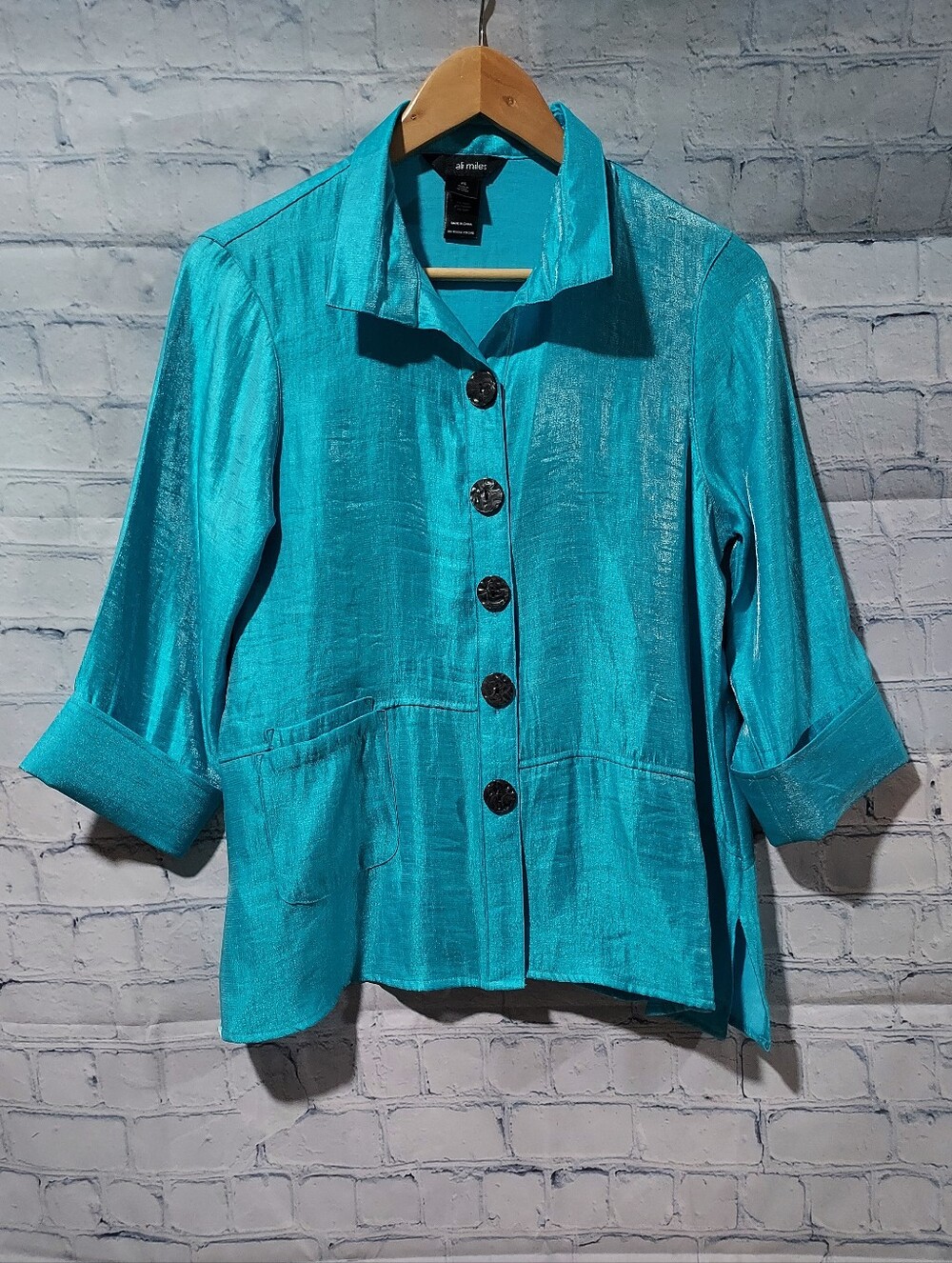 Ali Miles Petite Small Blue Shimmer Jacket Top Blouse Old Money Classic